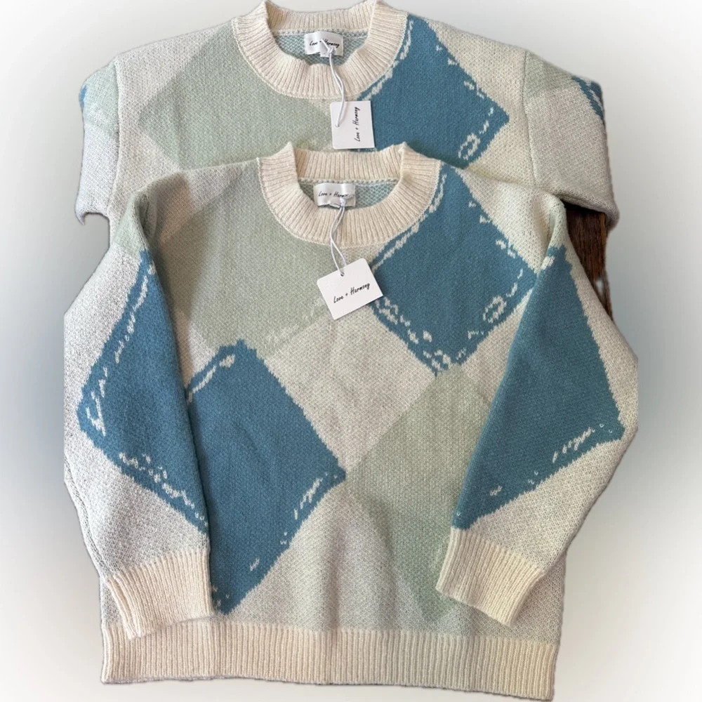 NWT Love & Harmony Argyle Sweater Cream/Teal Size M
